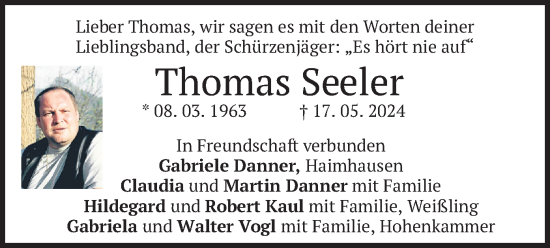 Todesanzeige von Thomas Seeler von merkurtz