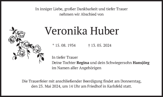 Todesanzeige von Veronika Huber von merkurtz