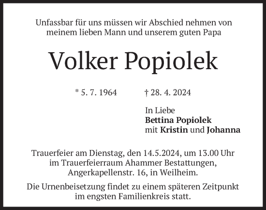 Todesanzeige von Volker Popiolek von merkurtz