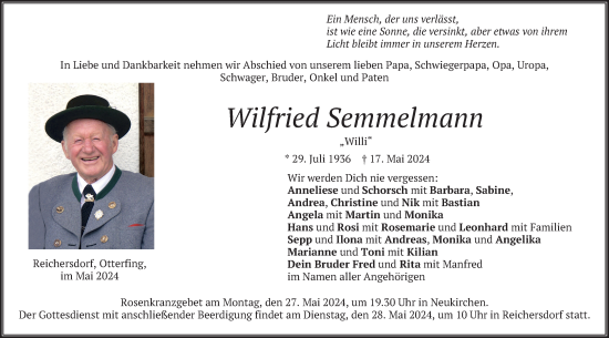 Todesanzeige von Wilfried Semmelmann von merkurtz