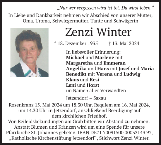 Todesanzeige von Zenzi Winter von merkurtz