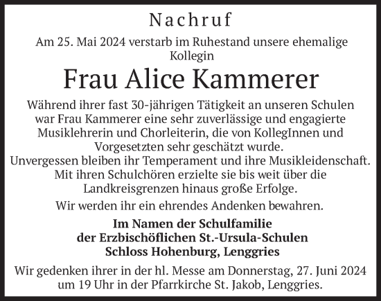 Todesanzeige von Alice Kammerer von merkurtz