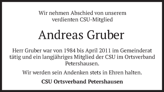 Todesanzeige von Andreas Gruber von merkurtz