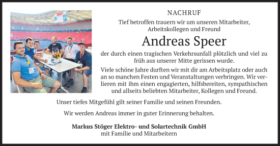 Todesanzeige von Andreas Speer von merkurtz
