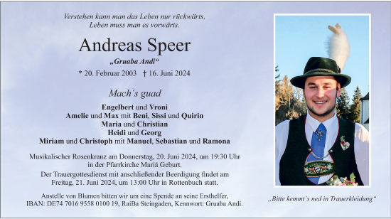Todesanzeige von Andreas Speer von merkurtz