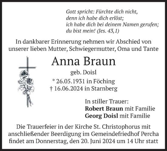 Todesanzeige von Anna Maria Braun von merkurtz