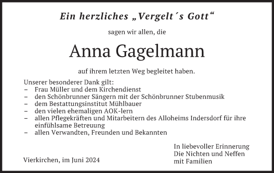 Todesanzeige von Anna Gagelmann von merkurtz