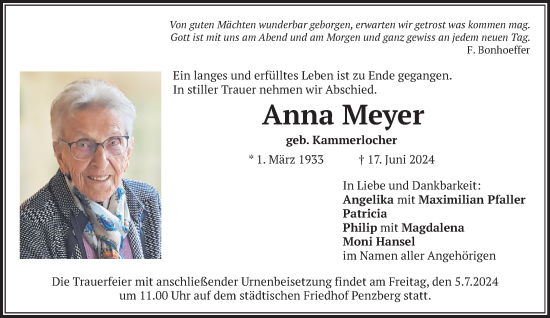 Todesanzeige von Anna Meyer von Das Gelbe Blatt Penzberg