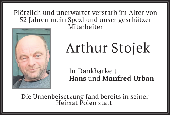 Todesanzeige von Arthur Stojek von merkurtz