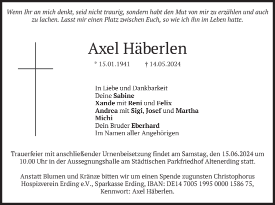 Todesanzeige von Axel Häberlen von merkurtz