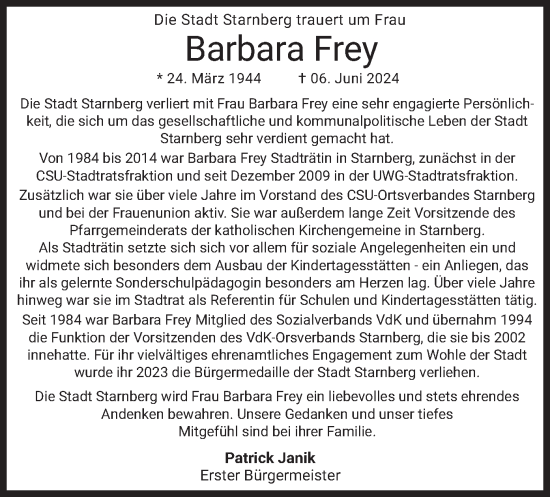 Todesanzeige von Barbara Frey von merkurtz