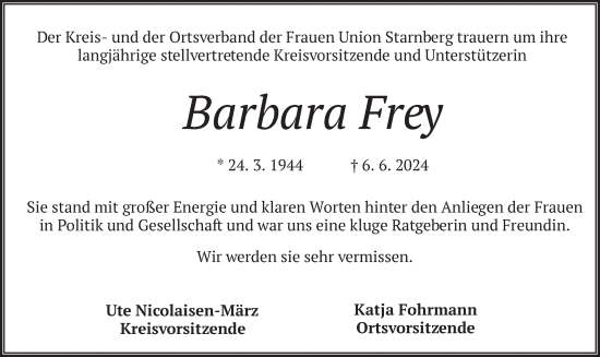 Todesanzeige von Barbara Frey von merkurtz