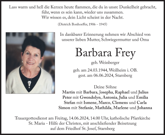 Todesanzeige von Barbara Frey von merkurtz
