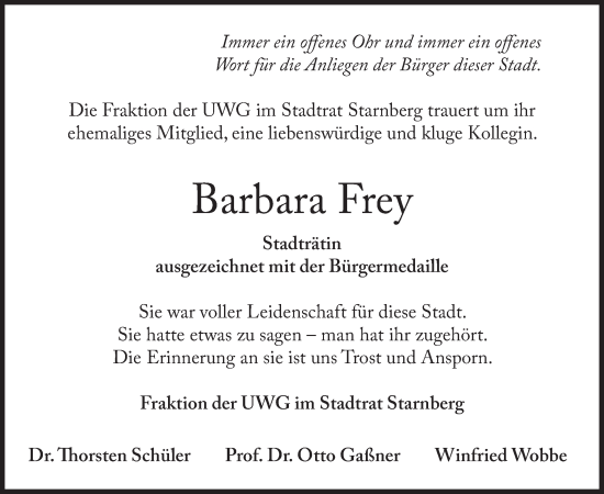Todesanzeige von Barbara Frey von merkurtz
