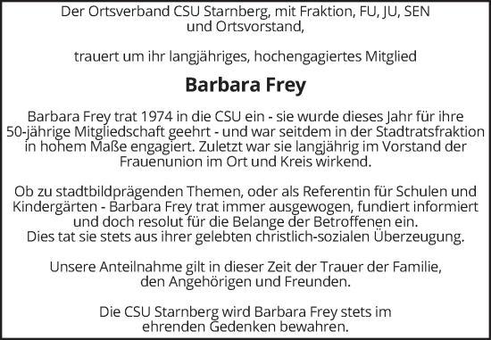 Todesanzeige von Barbara Frey von merkurtz