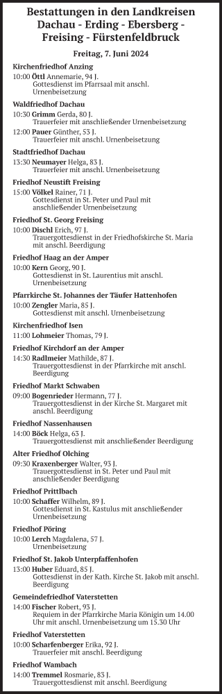 Todesanzeige von Bestattungen vom 07.06.2024 von merkurtz