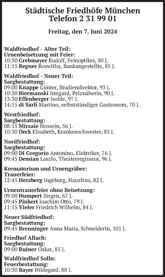 Todesanzeige von Bestattungen vom 07.06.2024 von merkurtz