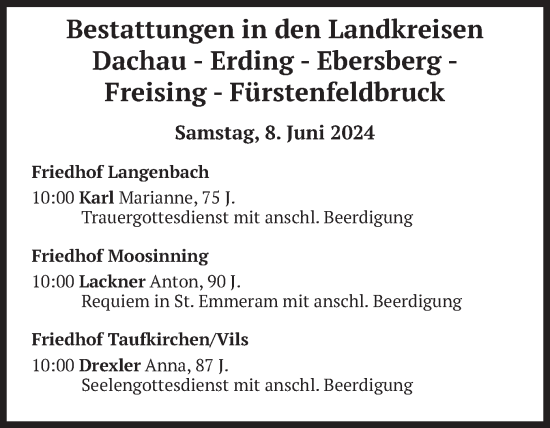 Todesanzeige von Bestattungen vom 08.06.2024 von merkurtz