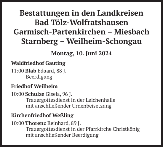 Todesanzeige von Bestattungen vom 10.06.2024 von merkurtz