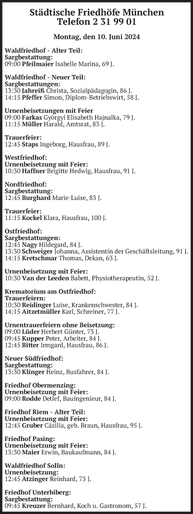 Todesanzeige von Bestattungen vom 10.06.2024 von merkurtz
