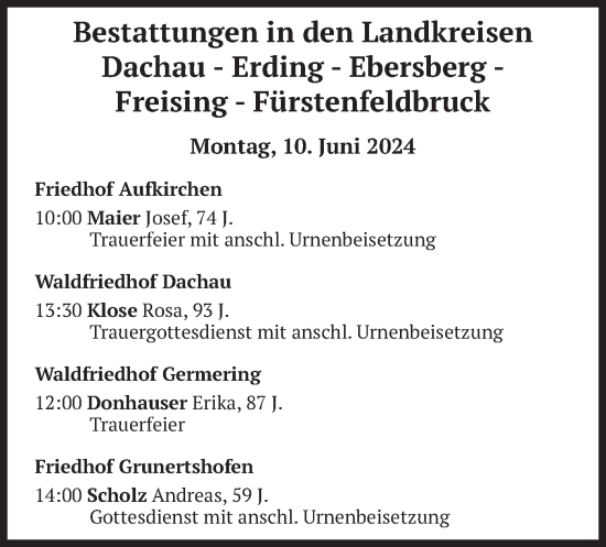 Todesanzeige von Bestattungen vom 10.06.2024 von merkurtz
