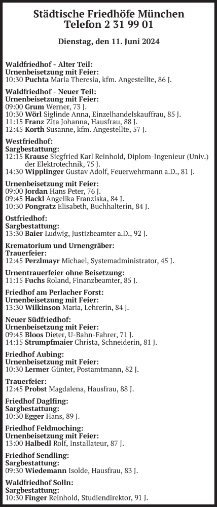 Todesanzeige von Bestattungen vom 11.06.2024 von merkurtz