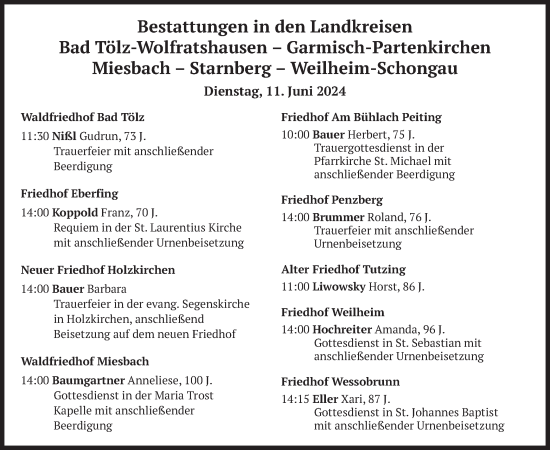 Todesanzeige von Bestattungen vom 11.06.2024 von merkurtz