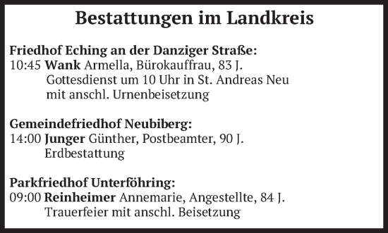 Todesanzeige von Bestattungen vom 11.06.2024 von merkurtz