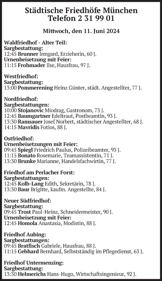 Todesanzeige von Bestattungen vom 12.06.2024 von merkurtz