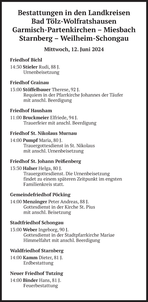 Todesanzeige von Bestattungen vom 12.06.2024 von merkurtz