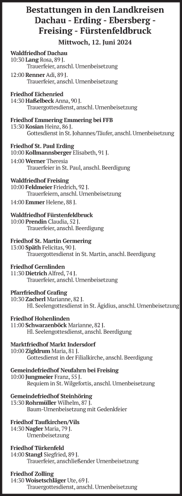 Todesanzeige von Bestattungen vom 12.06.2024 von merkurtz