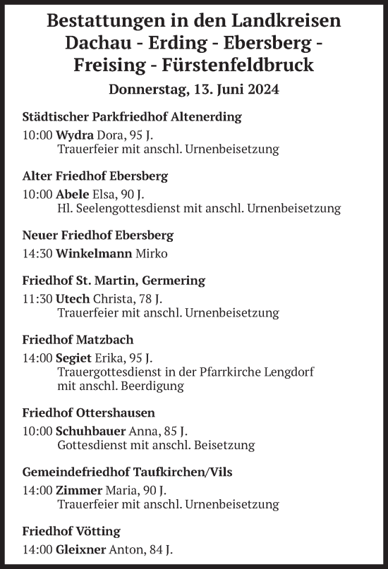 Todesanzeige von Bestattungen vom 13.06.2024 von merkurtz