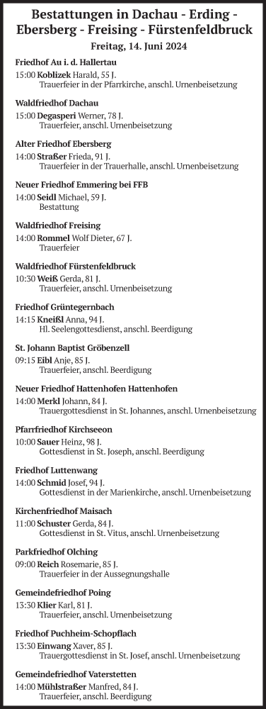 Todesanzeige von Bestattungen vom 14.06.2024 von merkurtz