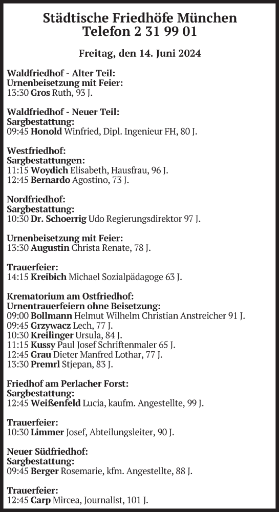 Todesanzeige von Bestattungen vom 14.06.2024 von merkurtz