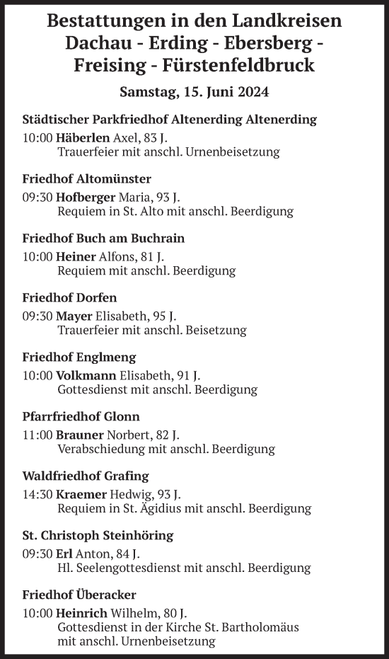 Todesanzeige von Bestattungen vom 15.06.2024 von merkurtz