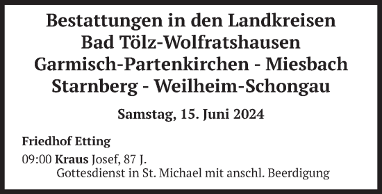 Todesanzeige von Bestattungen vom 15.06.2024 von merkurtz