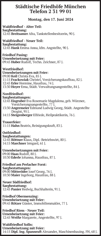 Todesanzeige von Bestattungen vom 17.06.2024 von merkurtz