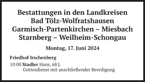 Todesanzeige von Bestattungen vom 17.06.2024 von merkurtz