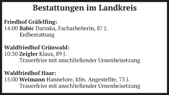 Todesanzeige von Bestattungen vom 17.06.2024 von merkurtz