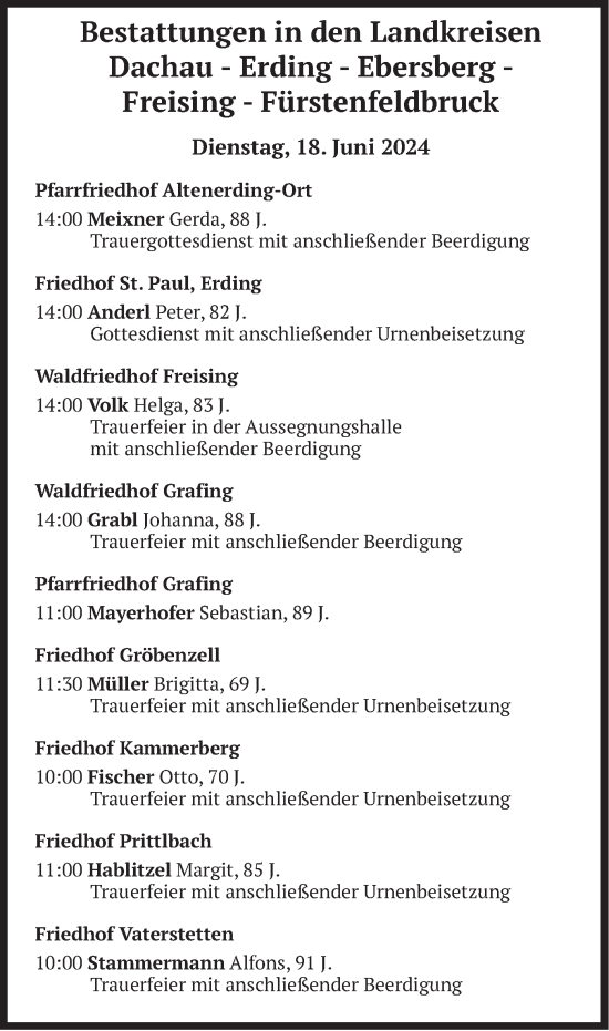 Todesanzeige von Bestattungen vom 18.06.2024 von merkurtz