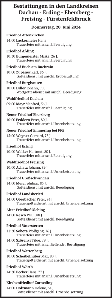 Todesanzeige von Bestattungen vom 20.06.2024 von merkurtz