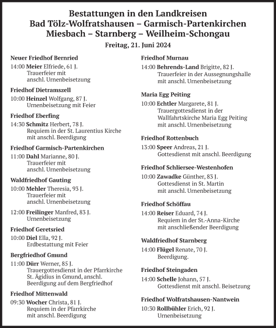 Todesanzeige von Bestattungen vom 21.06.2024 von merkurtz