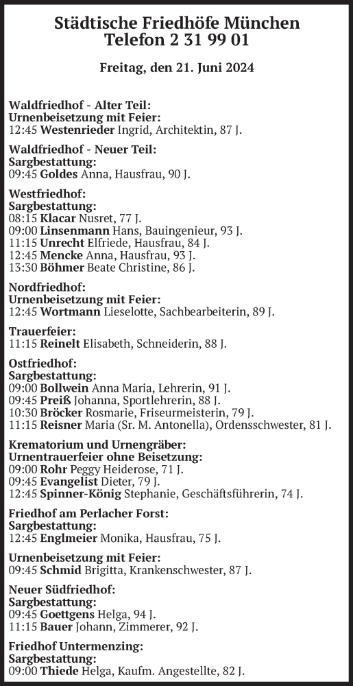Todesanzeige von Bestattungen vom 21.06.2024 von merkurtz
