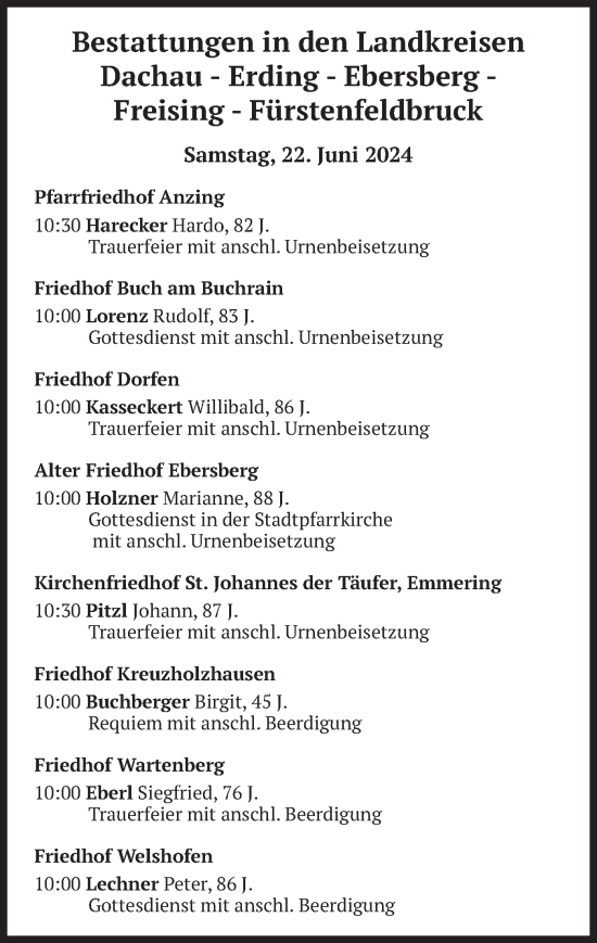 Todesanzeige von Bestattungen vom 22.06.2024 von merkurtz