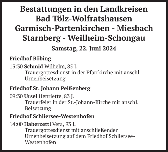 Todesanzeige von Bestattungen vom 22.06.2024 von merkurtz