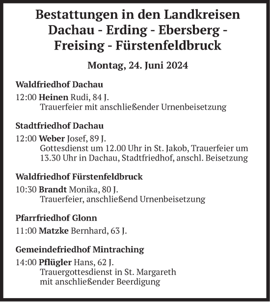 Todesanzeige von Bestattungen vom 24.06.2024 von merkurtz