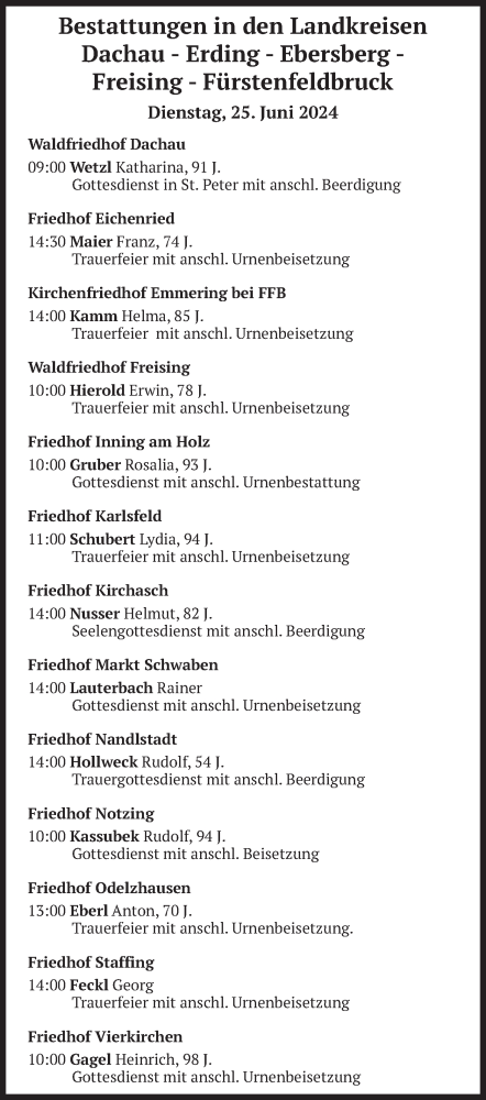 Todesanzeige von Bestattungen vom 25.06.2024 von merkurtz
