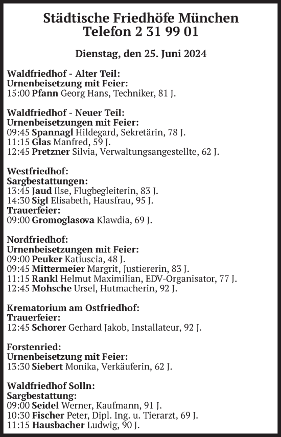 Todesanzeige von Bestattungen vom 25.06.2024 von merkurtz