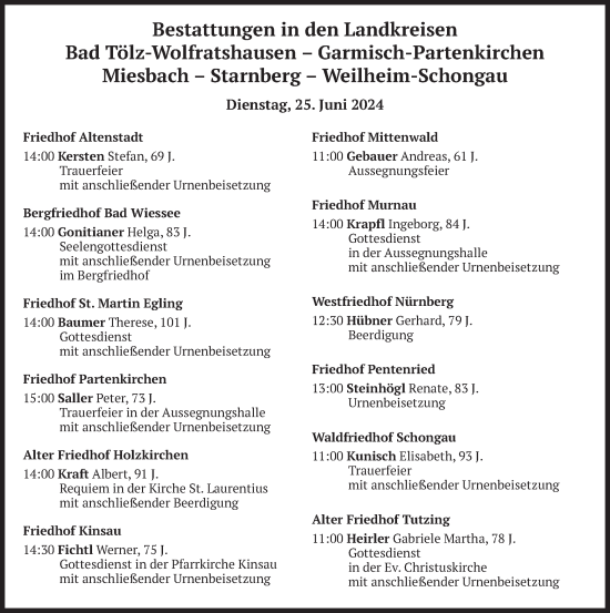 Todesanzeige von Bestattungen vom 25.06.2024 von merkurtz