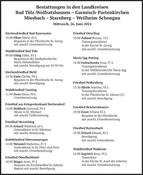 Todesanzeige von Bestattungen vom 26.06.2024 von merkurtz